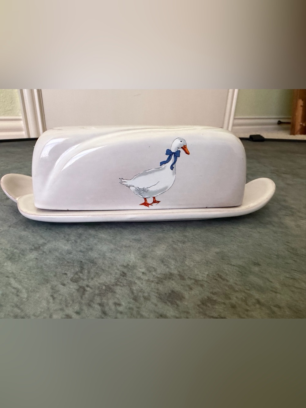 Frankoma White Ceramic Butter Dish with Duck Motif and Blue Bow